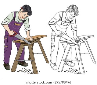 Vector illustration, carpenter, coloring drawing, card concept, white background.