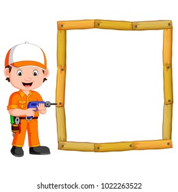 vector illustration of Carpenter with hand drill and wood frame