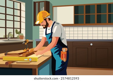 A vector illustration of Carpenter Making Kitchen Cabinet at Home Construction