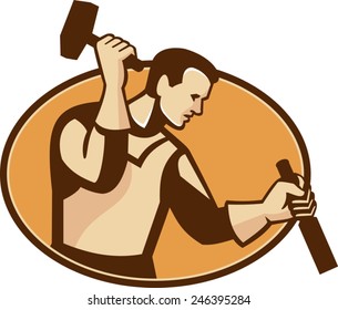 vector illustration of a carpenter sculptor worker with hammer and chisel set inside oval done in retro style.