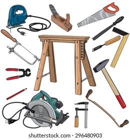 Vector illustration, carpenter tools, cartoon concept, white background.