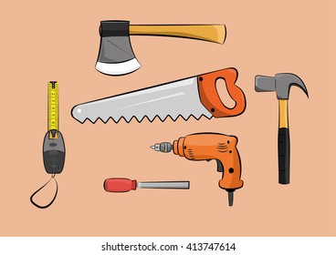 vector illustration of carpenter wood working construction tools set. eps 10