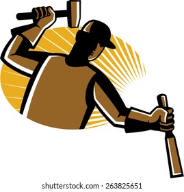 vector illustration of carpenter worker with hammer striking chisel set inside oval with sunburst.