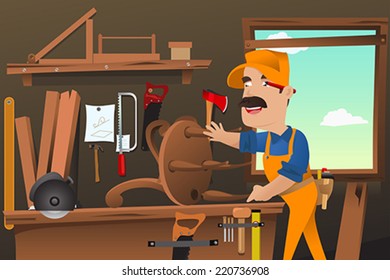 A vector illustration of carpenter working making a chair at the workshop