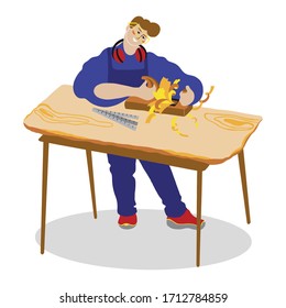 Vector illustration of a carpenter working. Master created furniture. Workshop, carpentry tools.