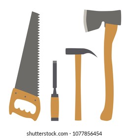 Vector illustration. A carpenter's set: a saw, an ax, a chisel, a hammer on a white background.