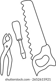 Vector Illustration of Carpentry Tools and Furniture Elements that includes hand tools like saws, screwdrivers, and wrenches
