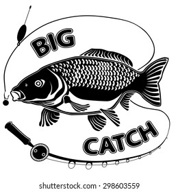 Vector illustration of carpio fish with fishing rod. Vector illustration can be used for creating logo and emblem for fishing clubs, prints, web and other crafts.
