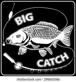 Vector illustration of carpio fish with fishing rod. Vector illustration can be used for creating logo and emblem for fishing clubs, prints, web and other crafts.

