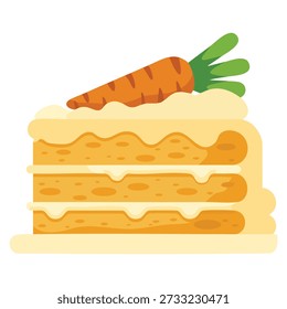 Vector illustration of carrot cake slice with icing and decorative carrot isolated on white background ideal for dessert bakery or sweet food design concepts