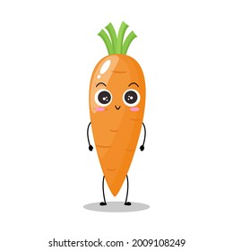 Vector illustration of carrot character with cute expression, smile, greeting, happy, funny, carrot isolated on white background, simple minimal style, vegetable for mascot collection, emoticon kawaii