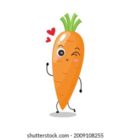 Vector illustration of carrot character with cute expression, lovely wink, happy, funny, carrot isolated on white background, simple minimal style, vegetable for mascot collection, emoticon, kawaii