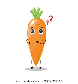 Vector illustration of carrot character with cute expression, curious, happy, funny, carrot isolated on white background, simple minimal style, vegetable for mascot collection, emoticon, kawaii