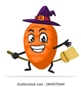 vector illustration of carrot character or mascot wearing witch costume and ride flying broom