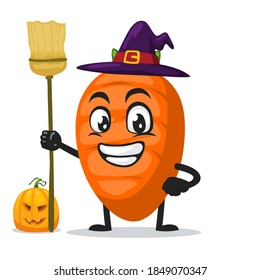 vector illustration of carrot character or mascot wearing witch costume and holding broom