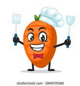 vector illustration of carrot character or mascot wearing chef hat and holding spatula