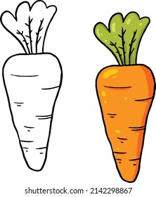 Vector Illustration Of A Carrot With Leaves. Perfect For Coloring Practice, Drawing Practice, Print, Wallpaper, Packaging Paper Design, Textile, Etc.