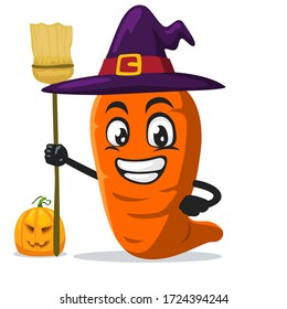 vector illustration of carrot mascot or character wearing witch costume and holding broom