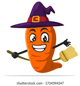 vector illustration of carrot mascot or character wearing witch costume and ride flying broom