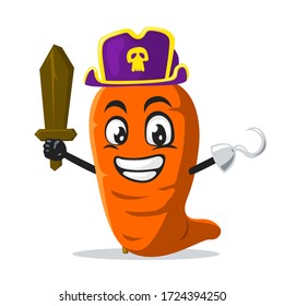 vector illustration of carrot mascot or character wearing pirates costume and holding wooden sword