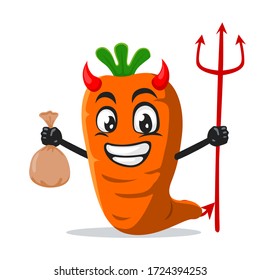 vector illustration of carrot mascot or character wearing devil costume and holding trident