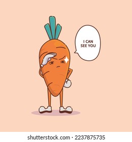 A vector illustration of a carrot who was seeing the distance clearly and say i can see you. Carrot has vitamin a, related with good eyesight. Suitable for healty eyes concept.

