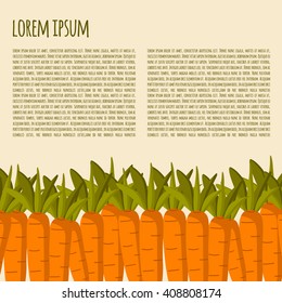 Vector illustration with carrots and space for text. Cartoon cute template for organic vegetables, market, store, shop, farm design. Raw vegan food concept. Healthy raw snack. Organic red carrot