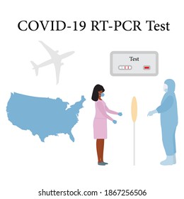 Vector illustration Carrying out RT PCR test to diagnose coronavirus infection. USA America People protect from covid-19 virus Reducing risk of infection, prevention measures Medicine Design for print