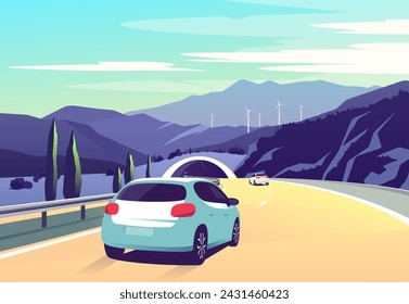 Vector illustration with cars driving along a curving road along the mountains with wind turbines.