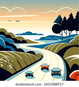 Vector illustration of cars driving along a winding road through picturesque hills and by a lake, reflecting a sense of journey and exploration.