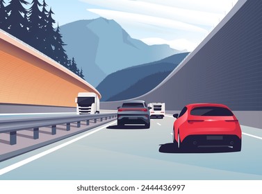 Ilustración vectorial de un coche conduciendo en las montañas.