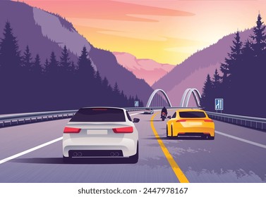 Ilustración vectorial de un coche conduciendo en las montañas al atardecer.