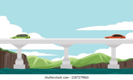 Vector or illustration of cars driving on a bridge over a river. with landscape nature of mountains under blue sky and white clouds.