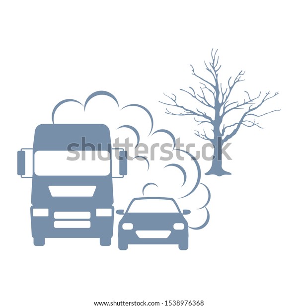 Vector illustration with cars, emits smog\
exhaust, tree. Environmental pollution concept. CO2 emissions cloud\
dioxide. Smoke pollutant, damage, contamination, combustion\
products Ecology Air\
pollution