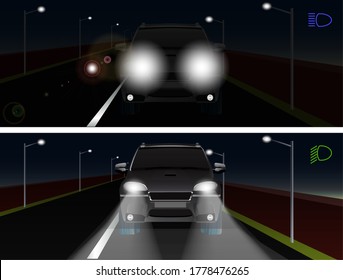 Vector illustration of car's high beam vs low beam at night