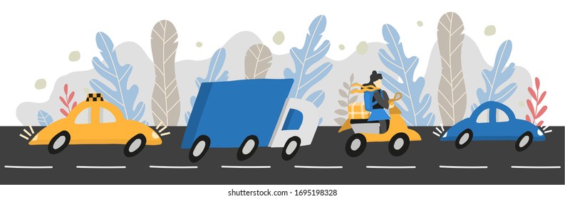 Vector illustration with cars horizontal. Taxi, truck, courier on a scooter, car. Symbols of delivery and transport. The header of the website of the transport company in the style of a flat