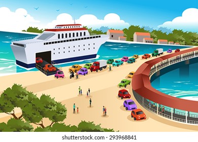 A Vector Illustration Of Cars Queuing Waiting For A Ferry