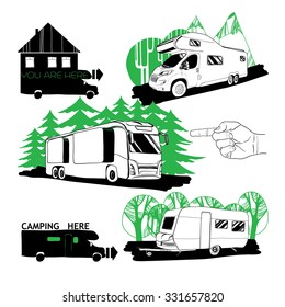 Vector illustration  of cars Recreational Vehicles Camper Vans Caravans Icons. Car trailer doodle objects. Motor home, Camping transport on forest background.