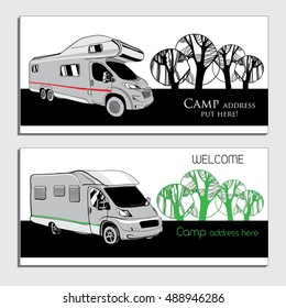 Vector illustration of cars Recreational Vehicles Camper Vans Caravans business card, icon, card template. Transport for Camp.