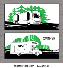 Vector illustration of cars Recreational Vehicles Camper Vans Caravans business card, icon, card template, invitation doodle.Transport for Camp. 