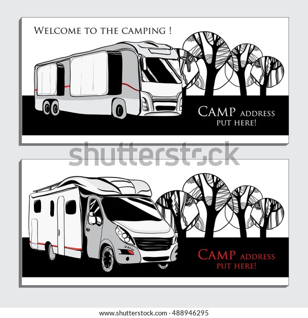 Vector illustration of cars\
Recreational Vehicles Camper Vans Caravans business card, icon,\
card template. Transport for Camp. Black and white graphic\
design.