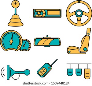 Vector illustration of car's spare parts. Illustration of steering wheel, speedometer. Vector icons of spare parts for machine business. 