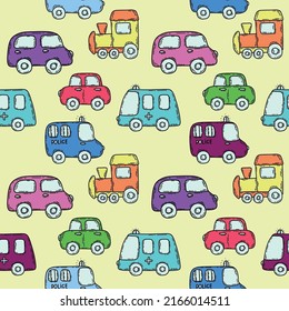 Vector illustration with cars, town traffic. Cute kids design in cartoon style. Seamless pattern for boys textile, wearing, fabric, erapping paper. Bright colors