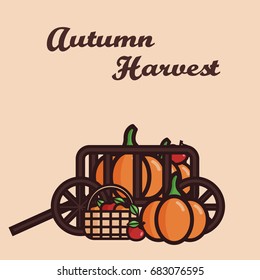 Vector illustration of a cart filled with crop: pumpkins and apples. Basket with fruits. Autumn harvest.