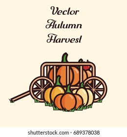Vector illustration of a cart filled with crop: pumpkins and apples. Autumn harvest.