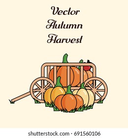 Vector illustration of a cart filled with crop: pumpkins and apples. Autumn harvest.