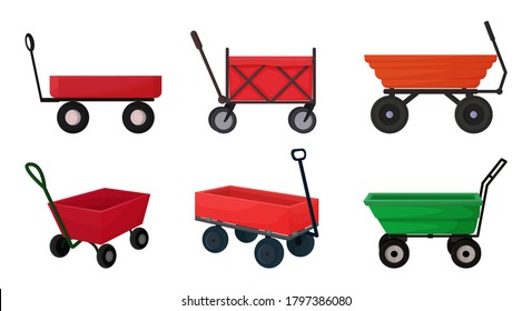 Vector illustration with a cart for the garden in a cartoon style. A set of 6 different cars in red, yellow, green,
for gardening, harvesting, planting seedlings