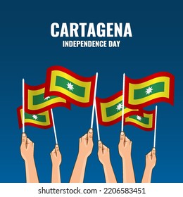 Ilustración vectorial del Día de la Independencia de Cartagena. Manos con banderas
