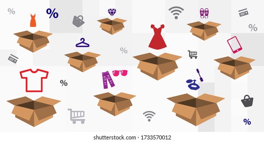 vector illustration for carton box and clothes accessories for delivery management service visuals