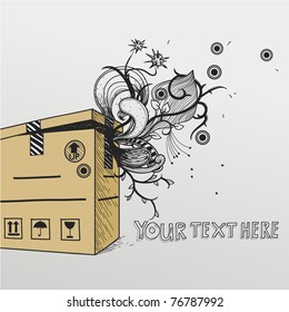 vector illustration of a carton  box with fantasy plants and flowers